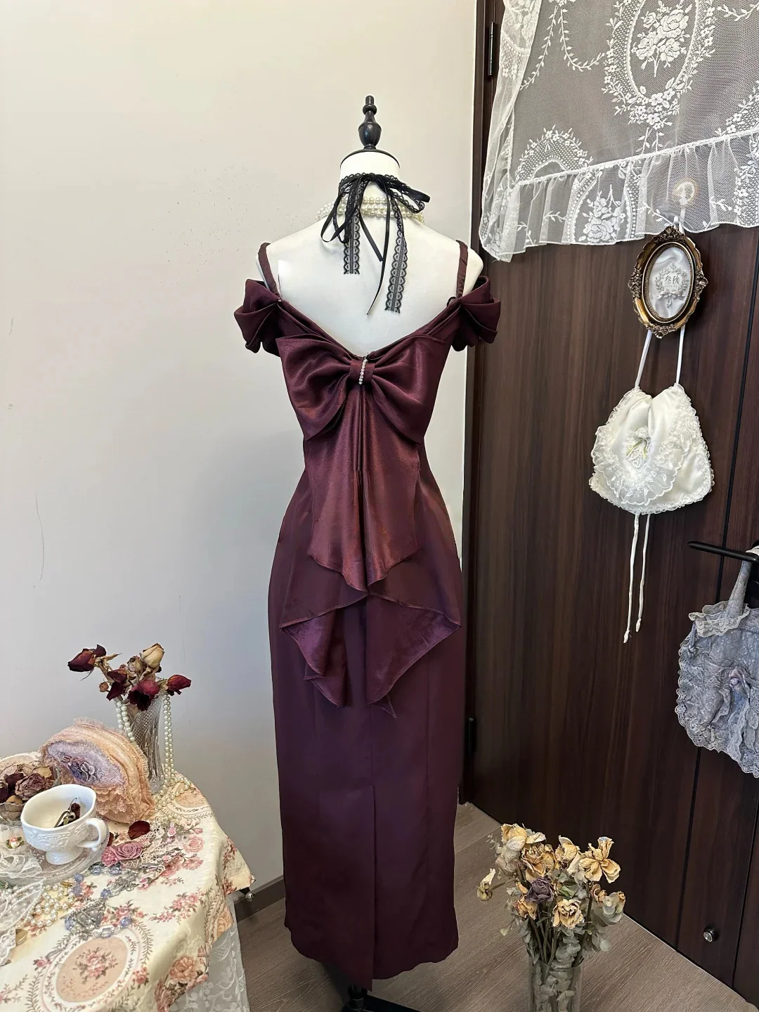 Off-the-Shoulder Bow Back Satin Sheath Evening Dress with Lace-Up Neck Detail