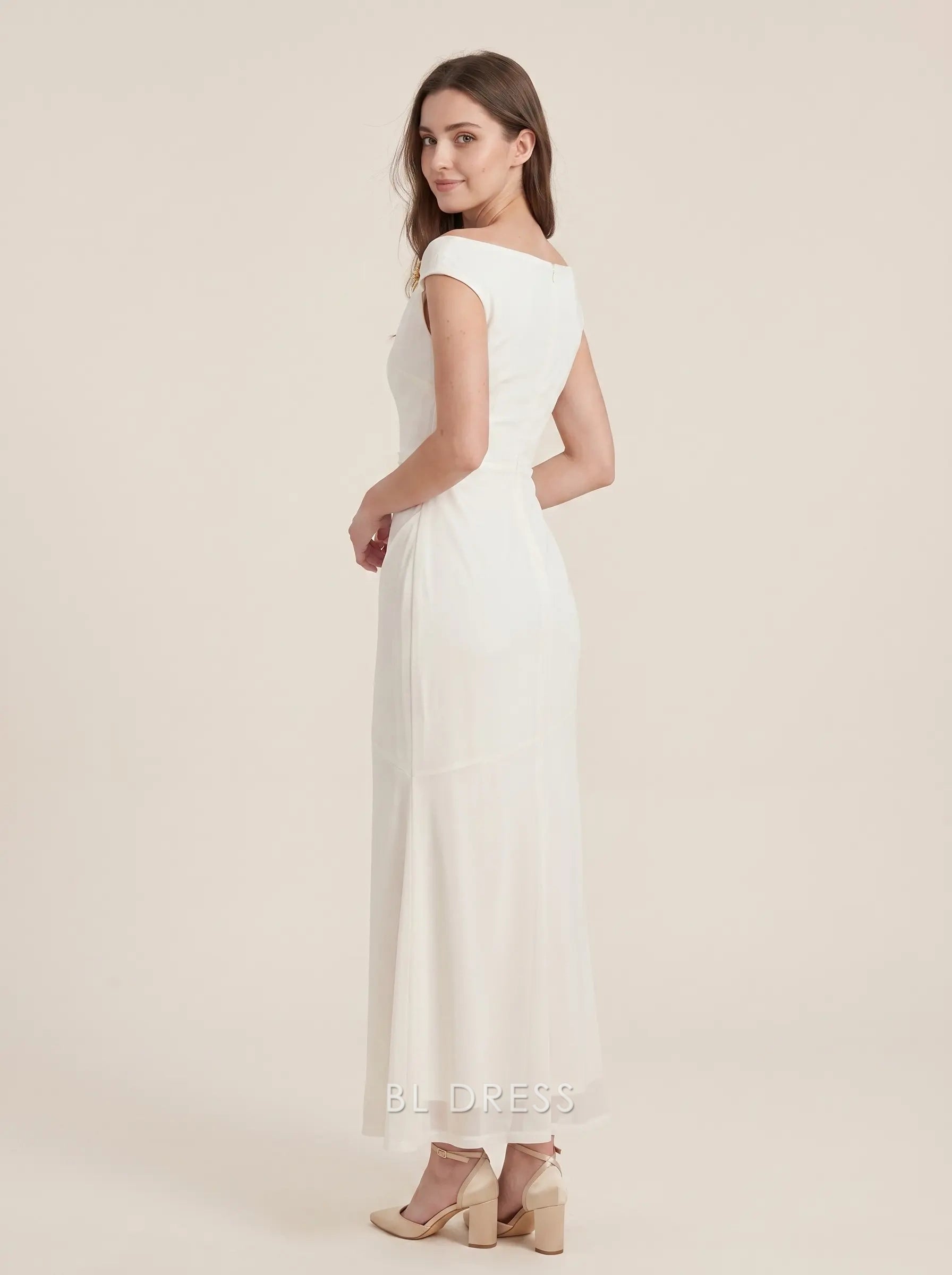 Off-the-Shoulder Cap Sleeve Ruched Waist Mermaid Floor Length Formal Evening Prom Dress