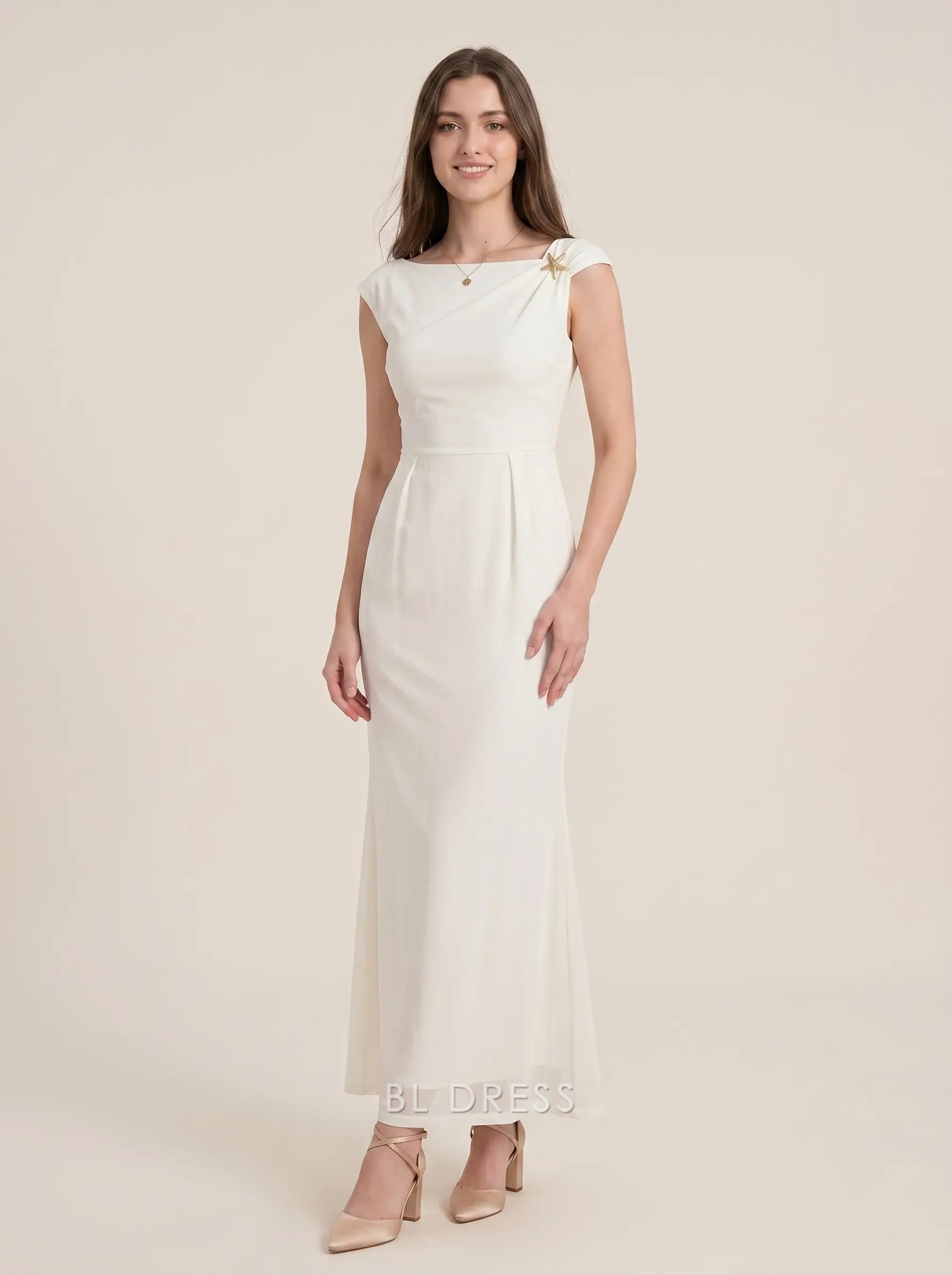 Off-the-Shoulder Cap Sleeve Ruched Waist Mermaid Floor Length Formal Evening Prom Dress
