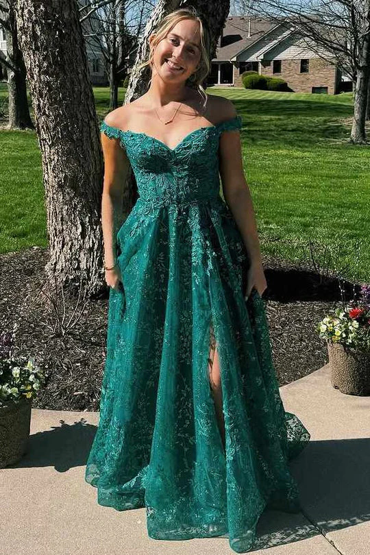Off-the-Shoulder Emerald Green Lace Tulle Ball Gown Evening Dress with Pockets, High Slit and Lace-Up Back