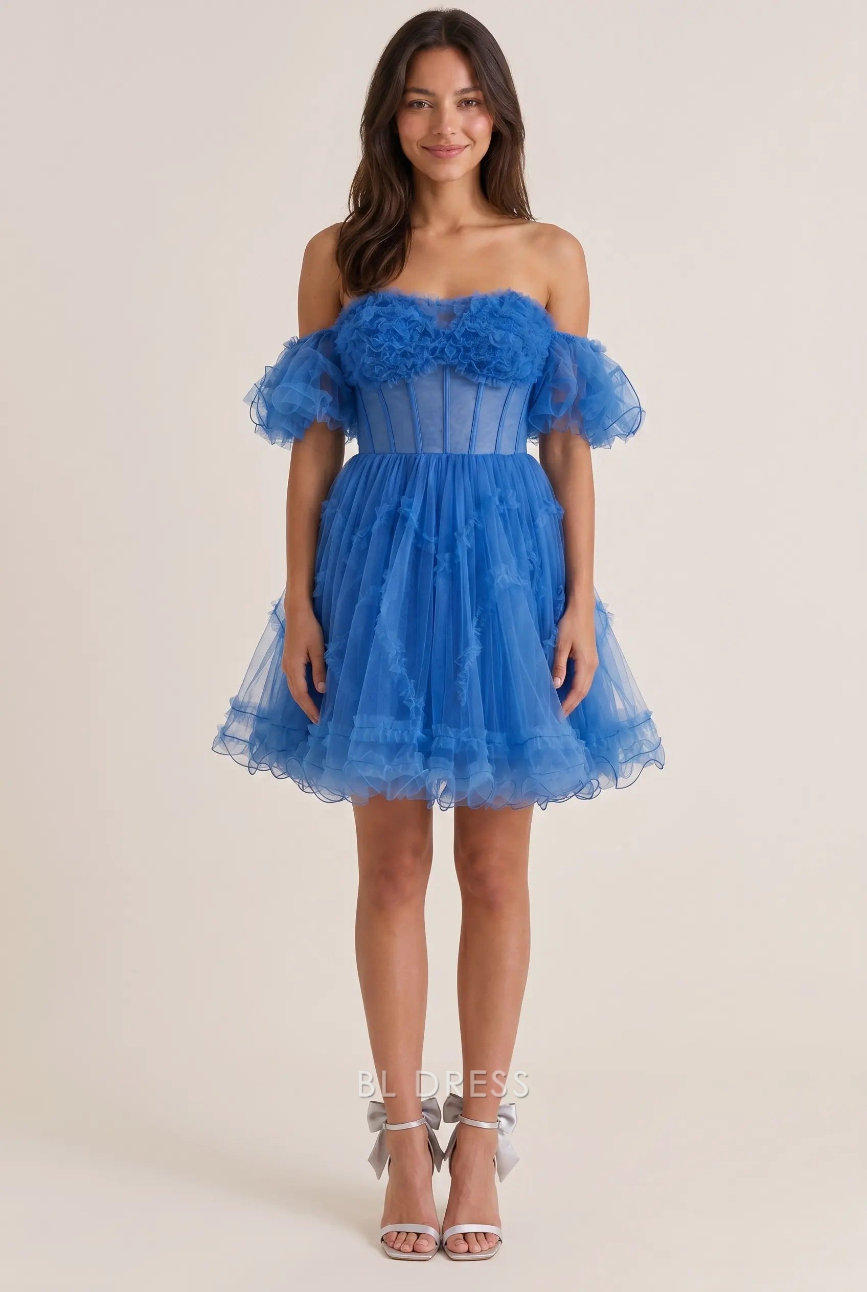 Off-the-Shoulder Ruffled Tulle Corset Bodice Tiered Ruffle Hem Mini Homecoming Dress