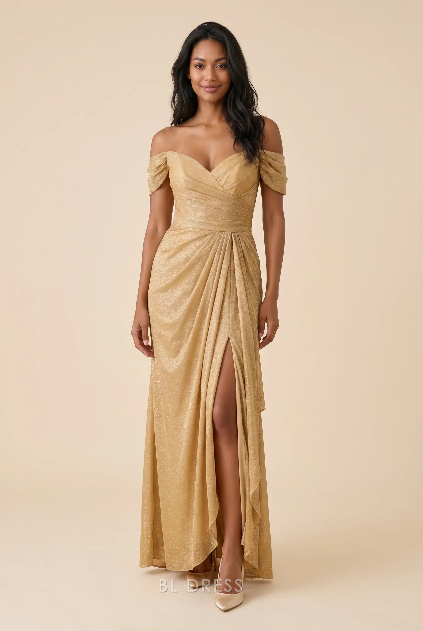 Off-the-Shoulder Sweetheart Neckline Draped Glitter Knit High Slit Floor Length Prom Dress