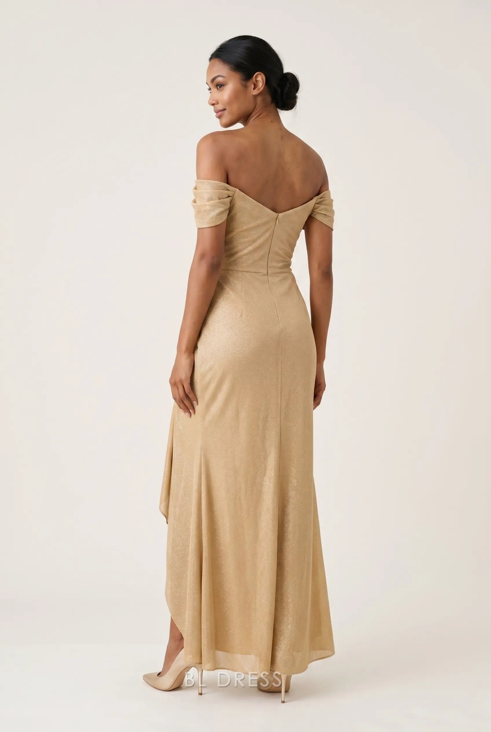 Off-the-Shoulder Sweetheart Neckline Draped Glitter Knit High Slit Floor Length Prom Dress