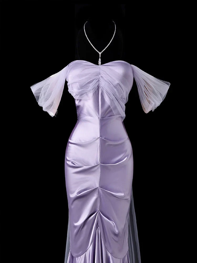 Off-the-Shoulder Tulle Sleeve Satin Mermaid Evening Dress with Sheer Overlay Train