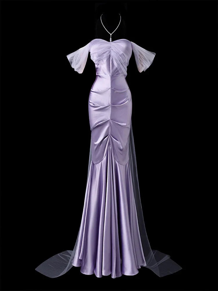 Off-the-Shoulder Tulle Sleeve Satin Mermaid Evening Dress with Sheer Overlay Train