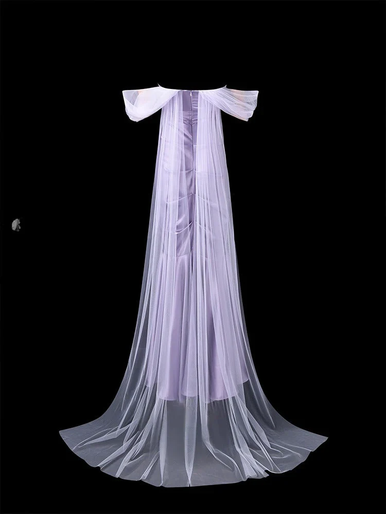 Off-the-Shoulder Tulle Sleeve Satin Mermaid Evening Dress with Sheer Overlay Train