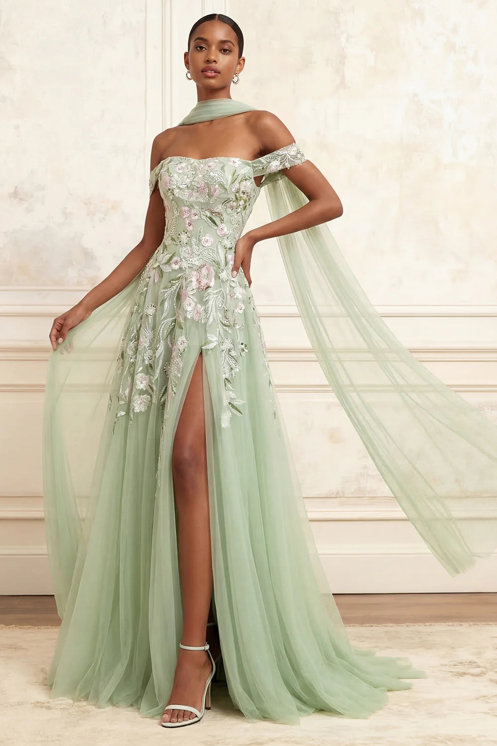 Off Shoulder Floral Embroidered A-Line Gown with Detachable Tulle Cape and Side Slit Prom Dress