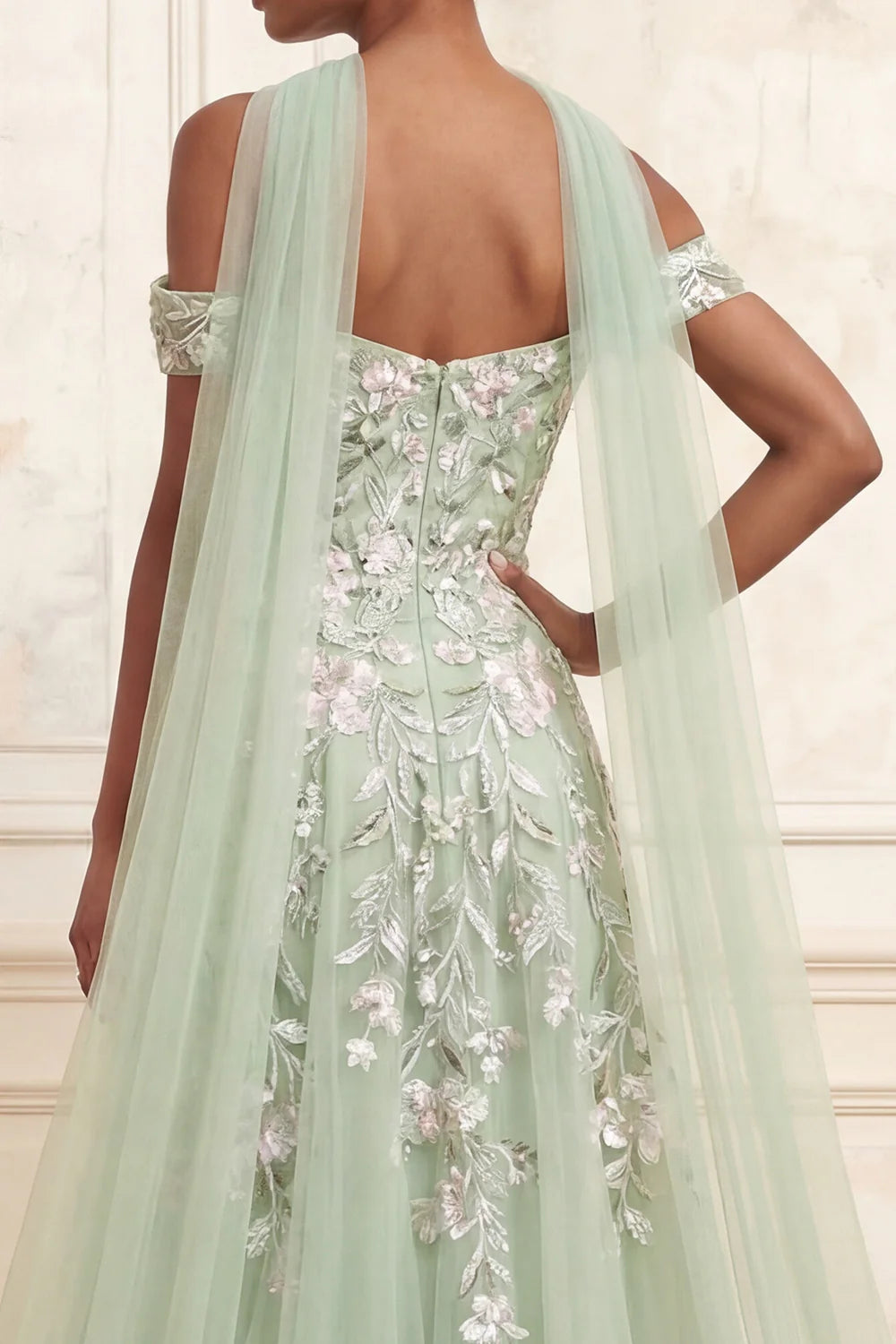 Off Shoulder Floral Embroidered A-Line Gown with Detachable Tulle Cape and Side Slit Prom Dress