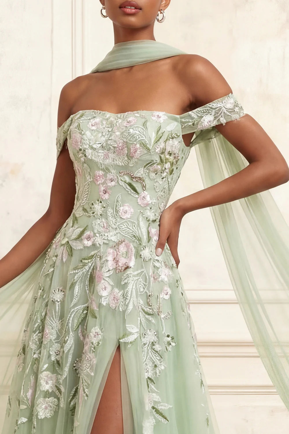 Off Shoulder Floral Embroidered A-Line Gown with Detachable Tulle Cape and Side Slit Prom Dress