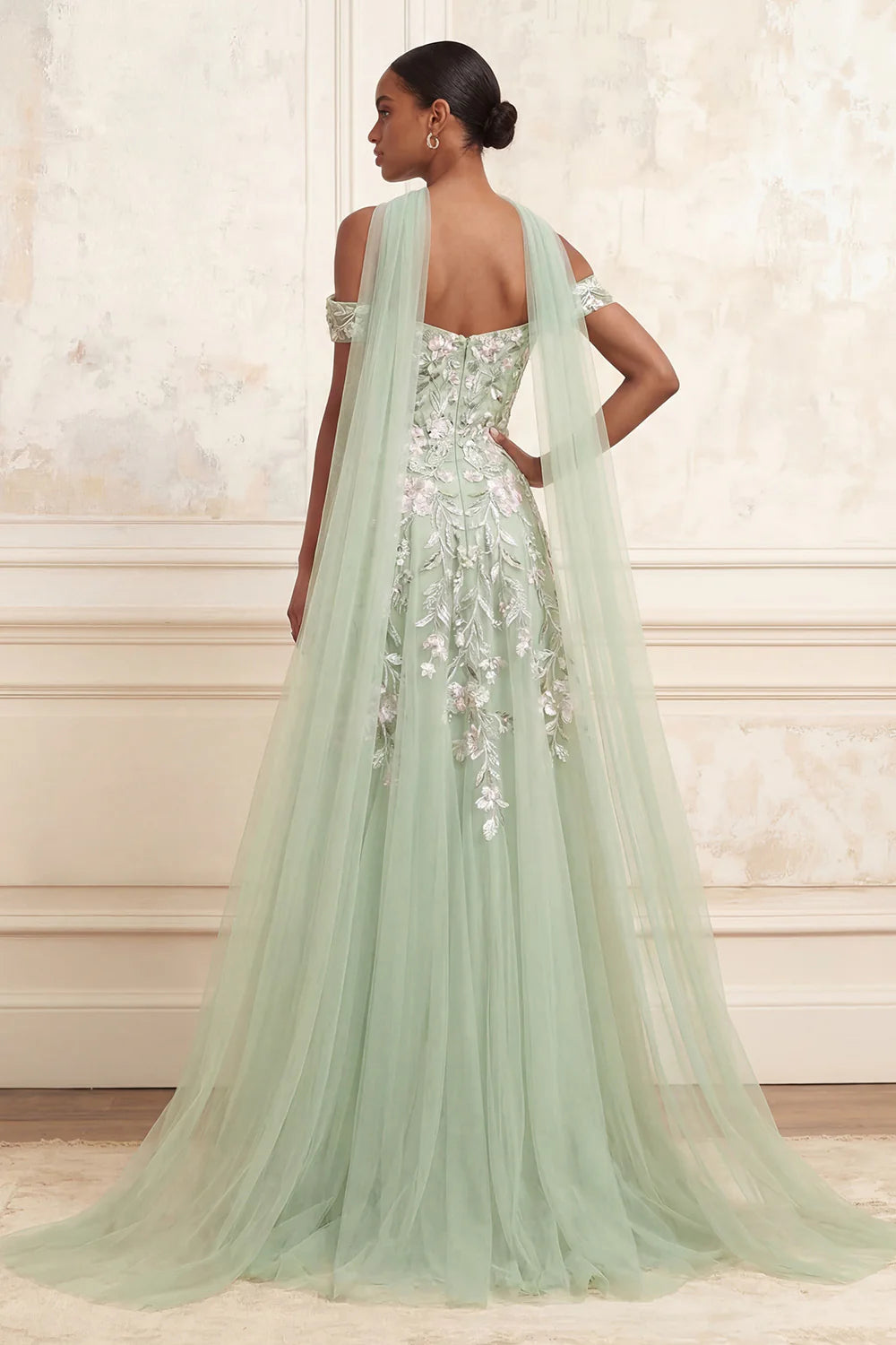 Off Shoulder Floral Embroidered A-Line Gown with Detachable Tulle Cape and Side Slit Prom Dress