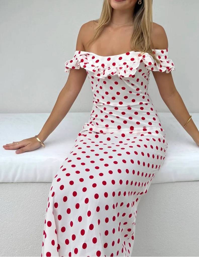 Off Shoulder Ruffle Trim Red Polka Dot Ruched Waist Maxi Evening Dresses