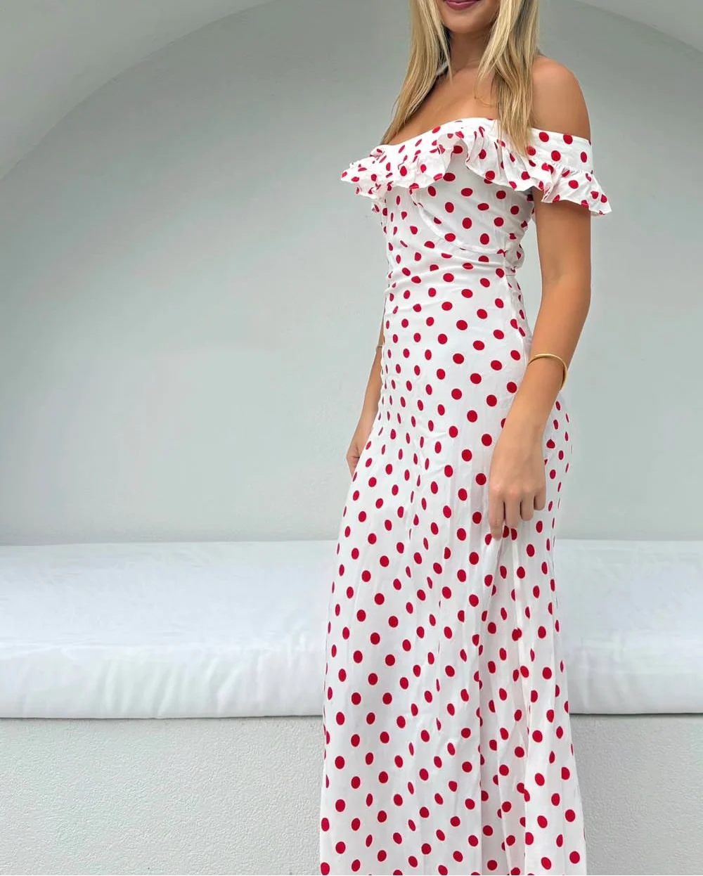 Off Shoulder Ruffle Trim Red Polka Dot Ruched Waist Maxi Evening Dresses