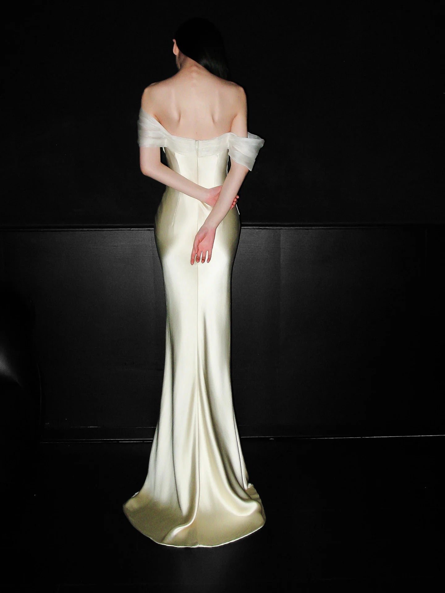 Off Shoulder Sheer Tulle Neckline Ruched Satin Mermaid Evening Dresses