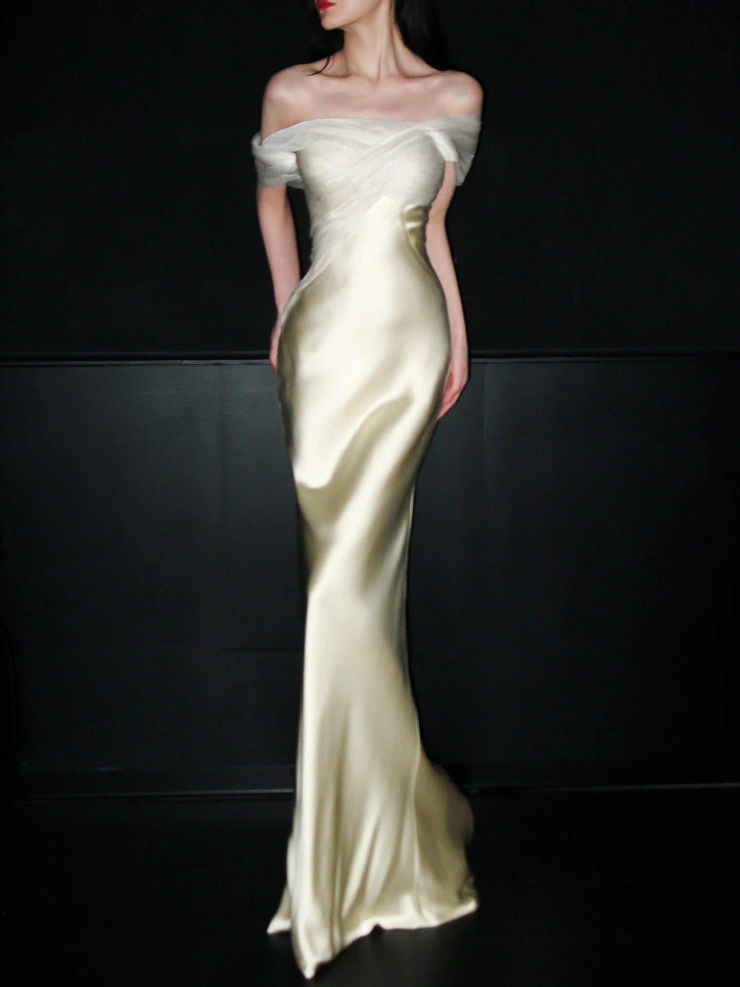 Off Shoulder Sheer Tulle Neckline Ruched Satin Mermaid Evening Dresses