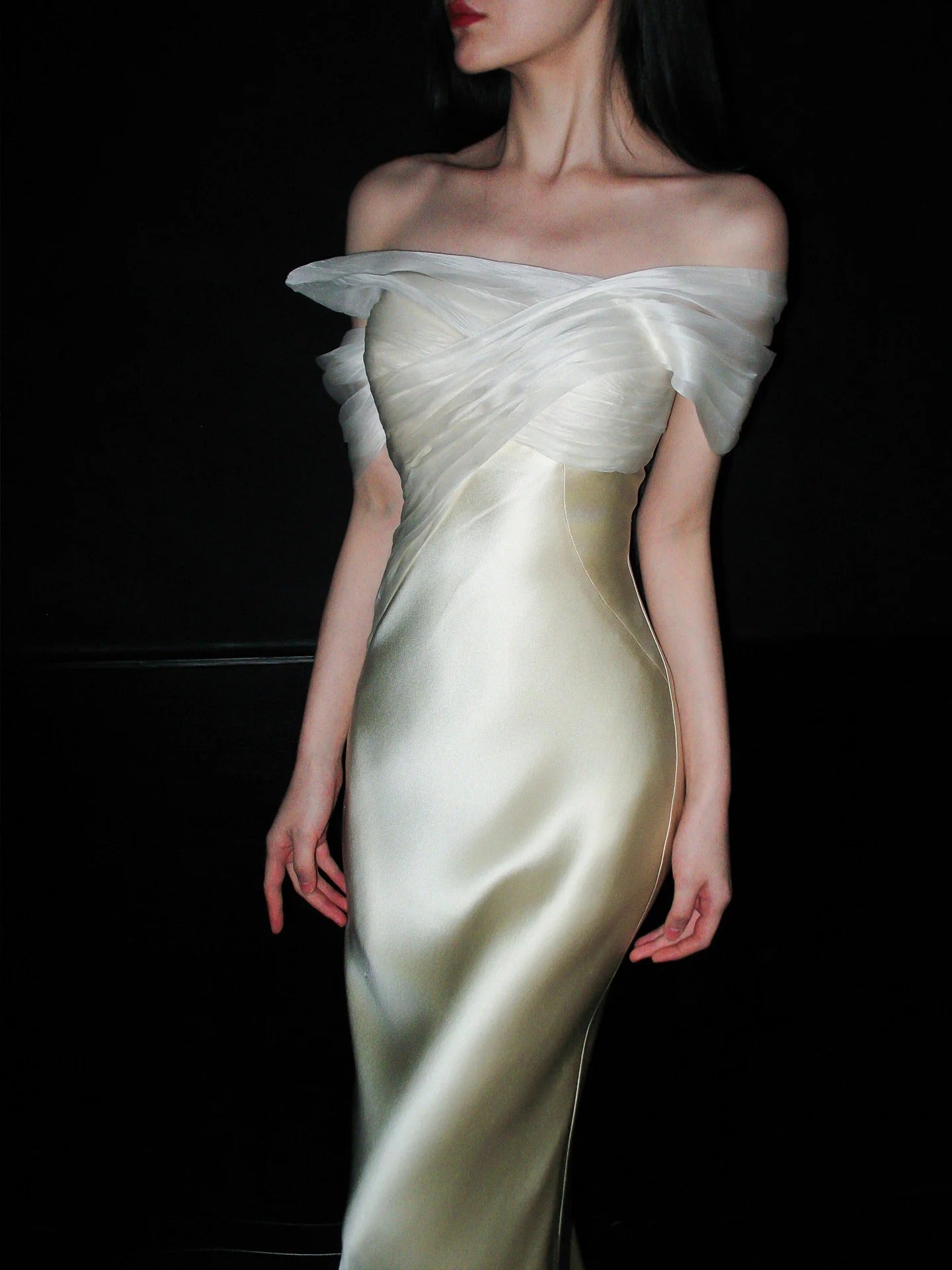 Off Shoulder Sheer Tulle Neckline Ruched Satin Mermaid Evening Dresses