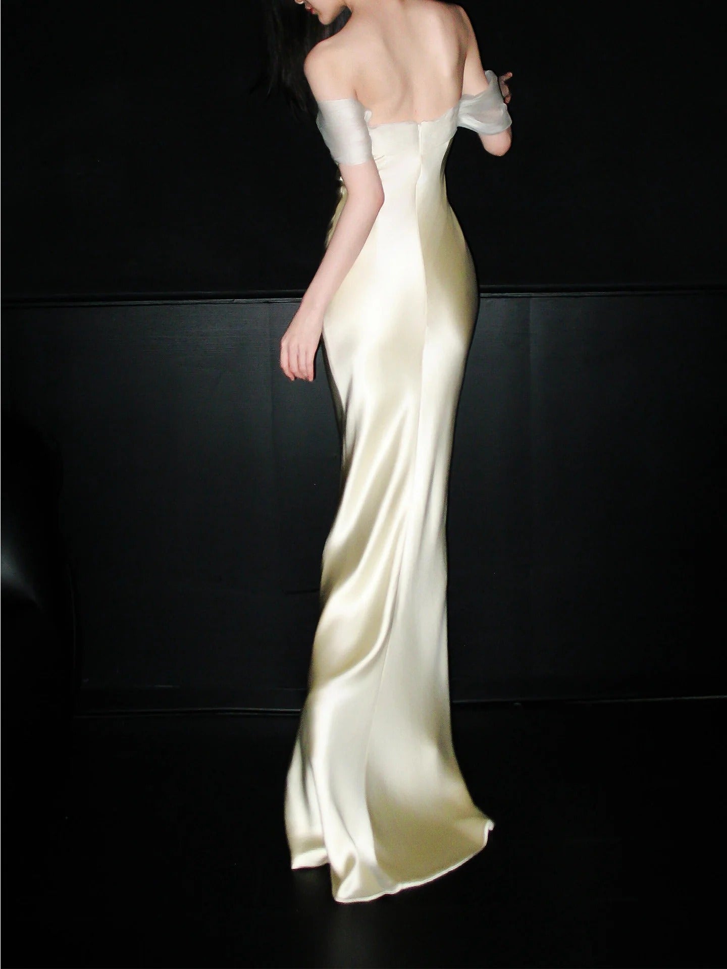 Off Shoulder Sheer Tulle Neckline Ruched Satin Mermaid Evening Dresses