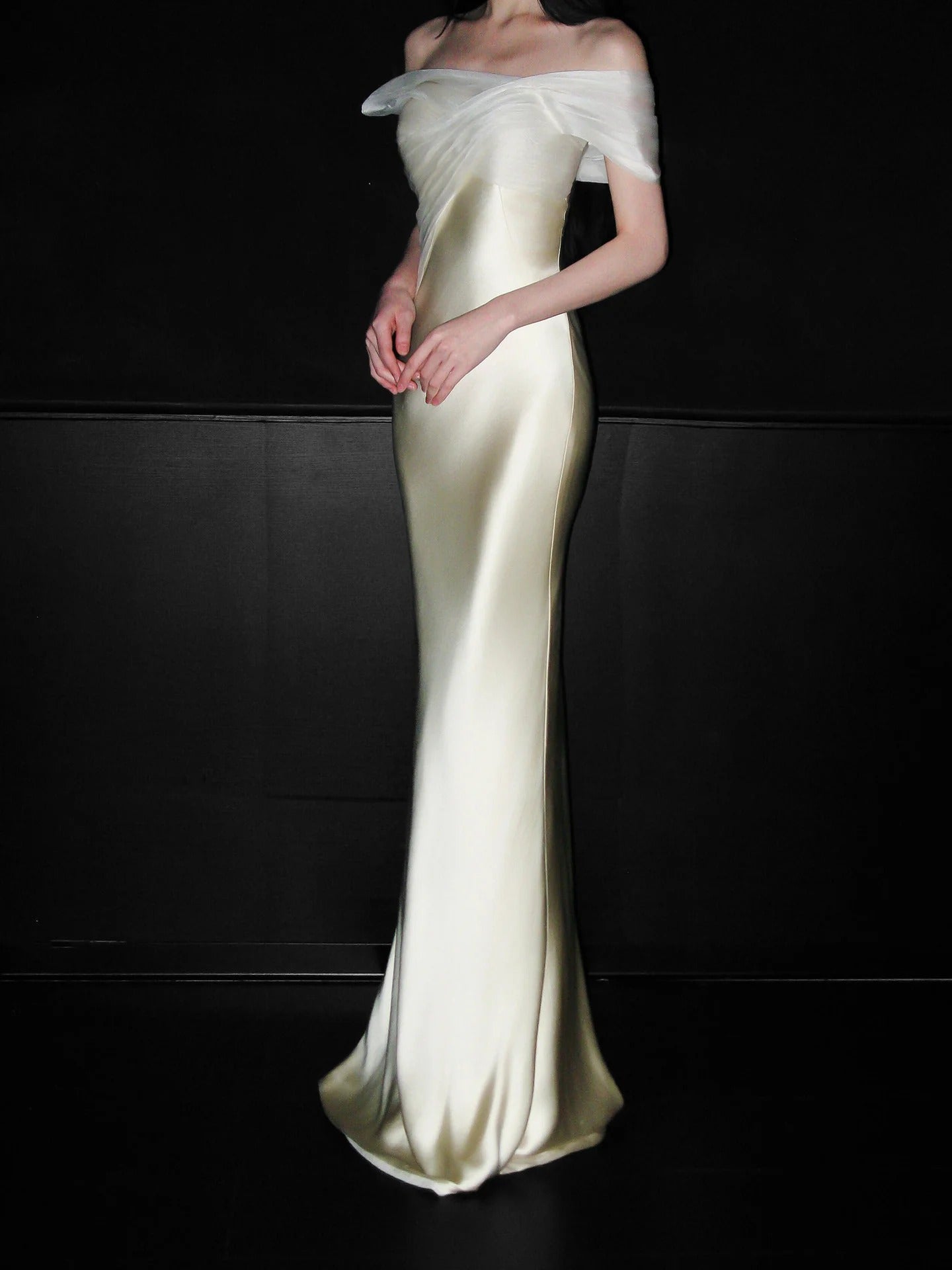 Off Shoulder Sheer Tulle Neckline Ruched Satin Mermaid Evening Dresses