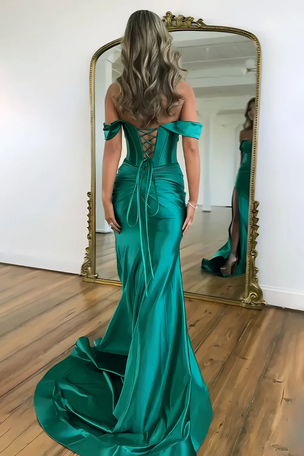 Off Shoulder Sweetheart Corset Bodice Ruched Waist Satin Lace Up Back High Slit Train Mermaid Evening Dresses