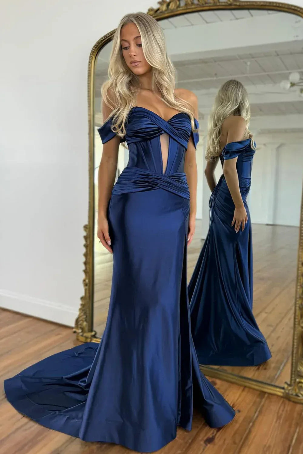 Off Shoulder Sweetheart Corset Bodice Ruched Waist Satin Lace Up Back High Slit Train Mermaid Evening Dresses