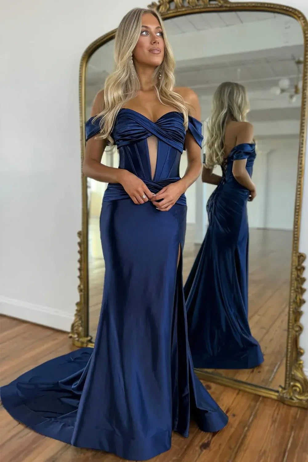 Off Shoulder Sweetheart Corset Bodice Ruched Waist Satin Lace Up Back High Slit Train Mermaid Evening Dresses