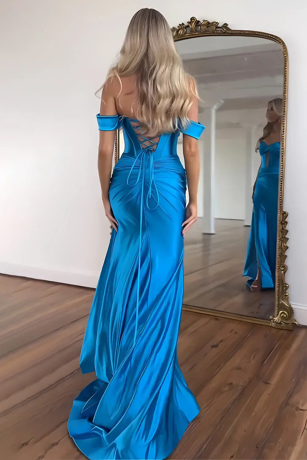 Off Shoulder Sweetheart Corset Bodice Ruched Waist Satin Lace Up Back High Slit Train Mermaid Evening Dresses