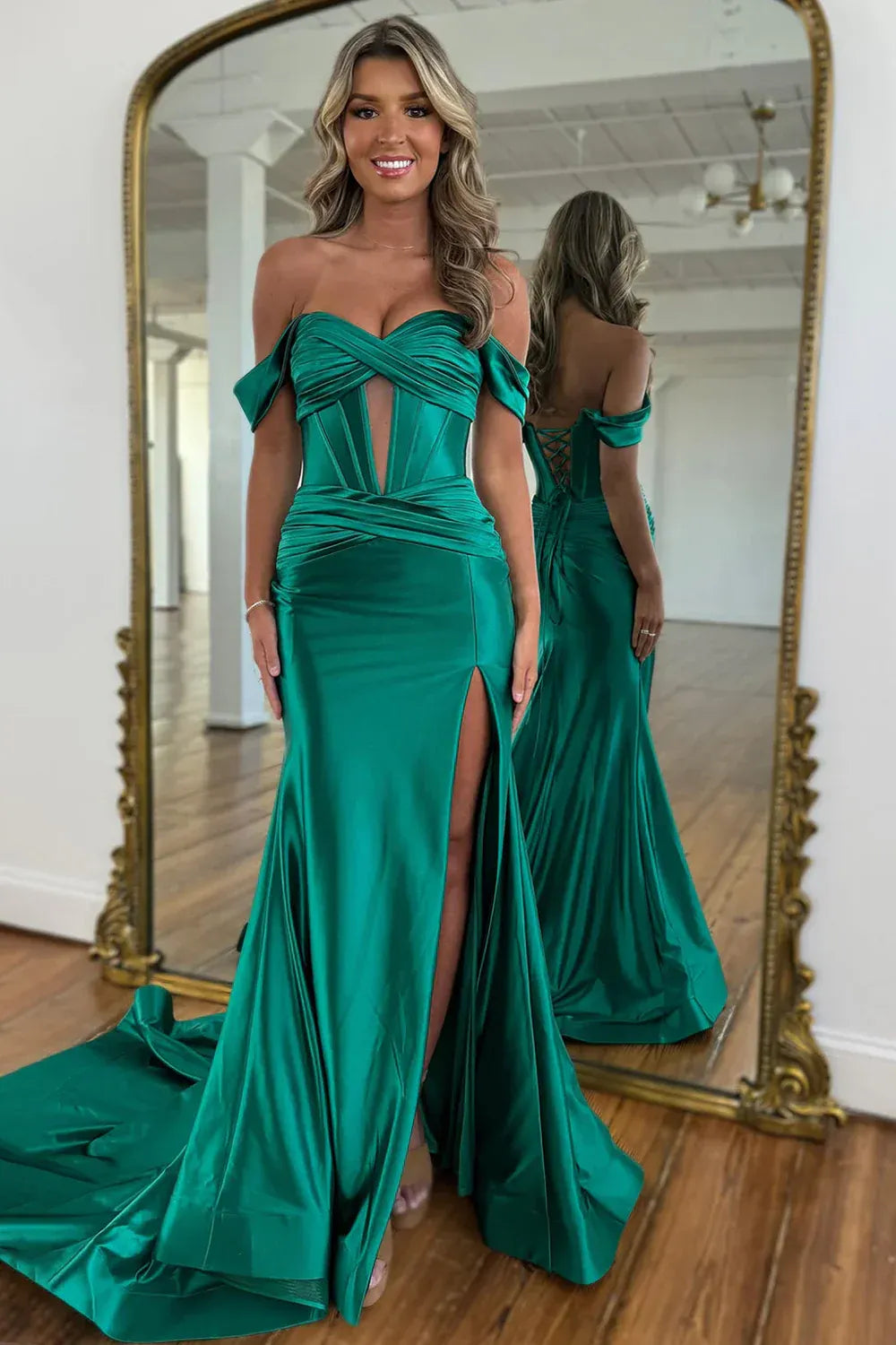 Off Shoulder Sweetheart Corset Bodice Ruched Waist Satin Lace Up Back High Slit Train Mermaid Evening Dresses
