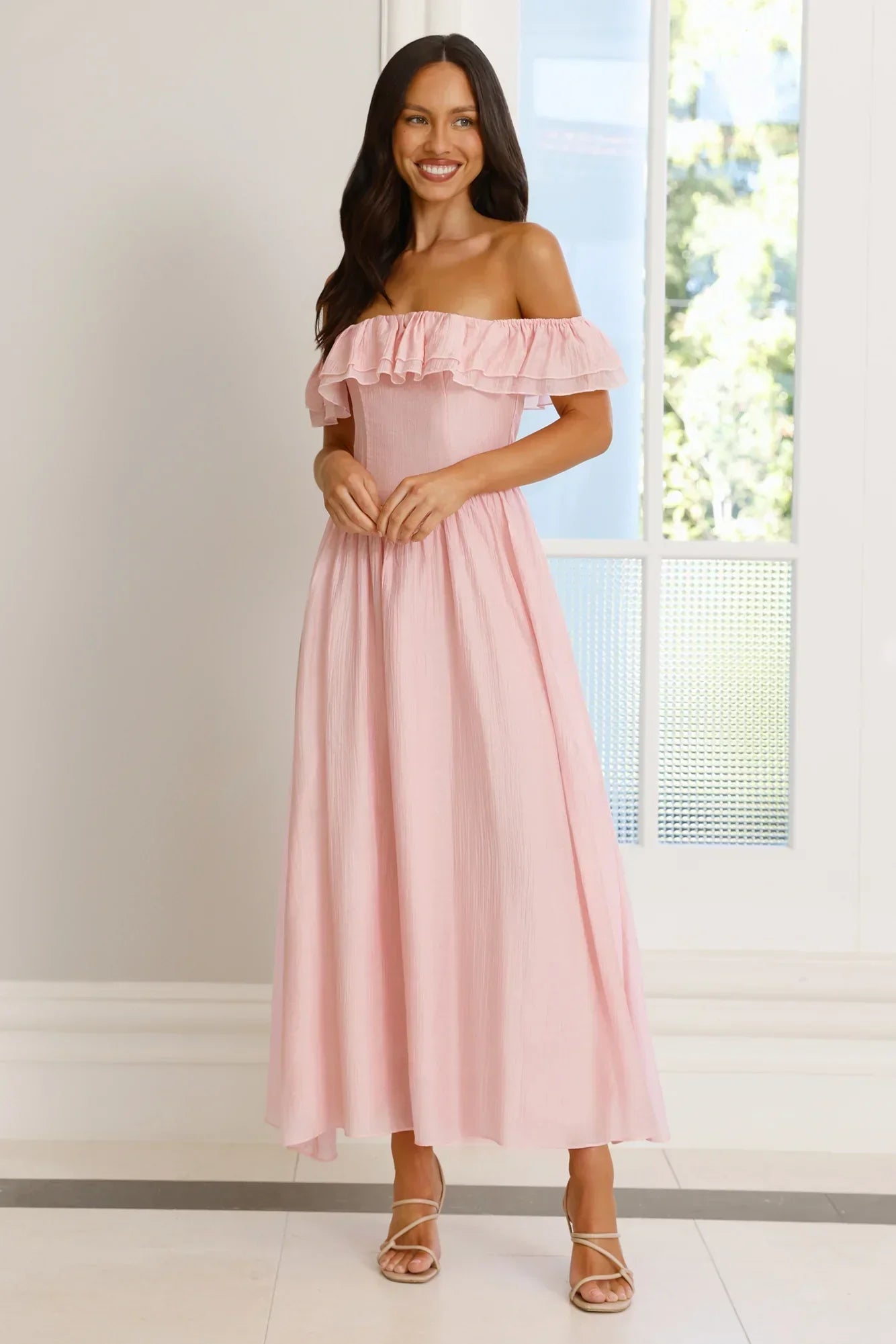 Off The Shoulder Ruffle Trim Sweetheart Neck A Line Maxi Prom Dresses (Blush Pink)