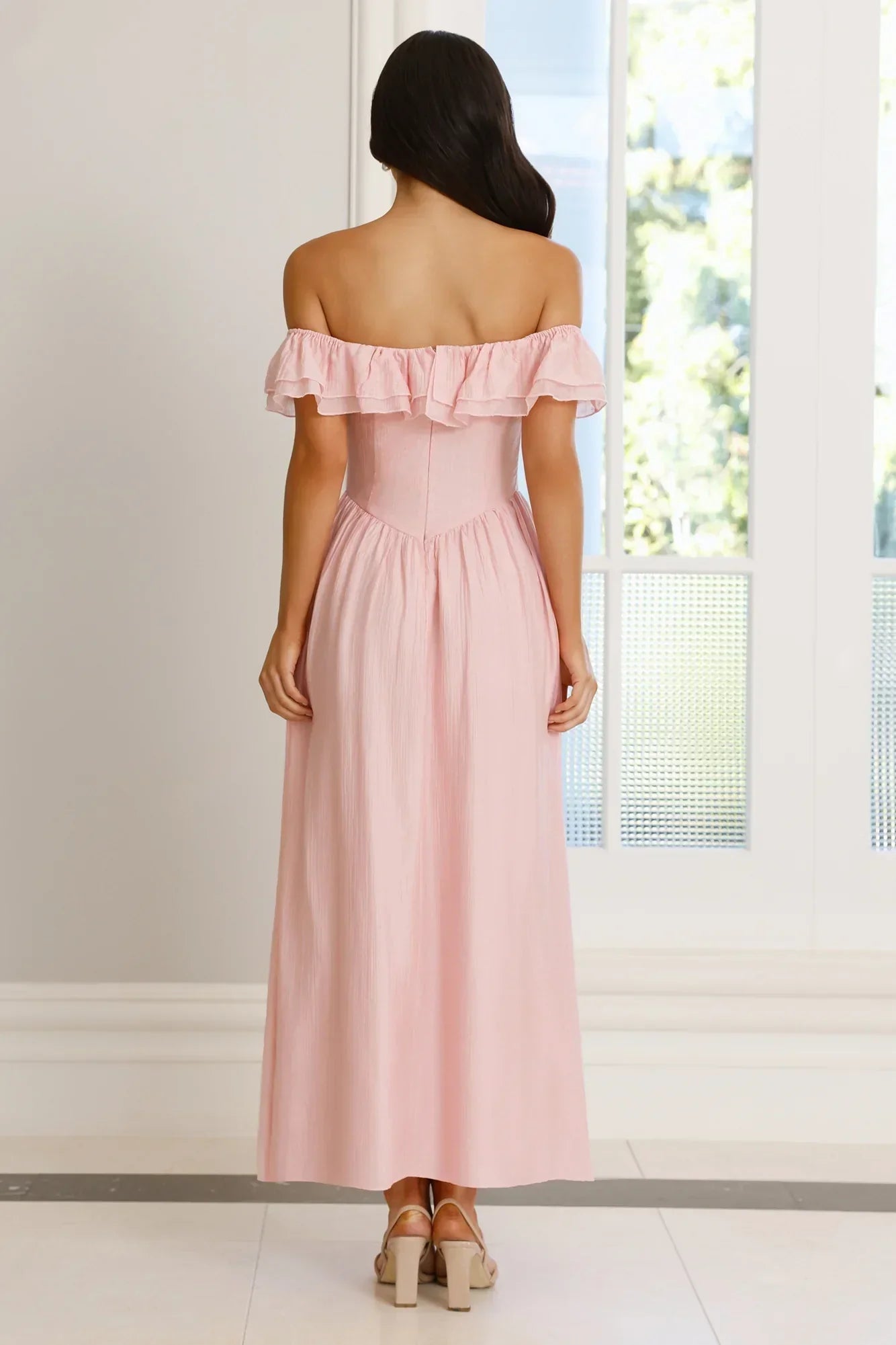 Off The Shoulder Ruffle Trim Sweetheart Neck A Line Maxi Prom Dresses (Blush Pink)
