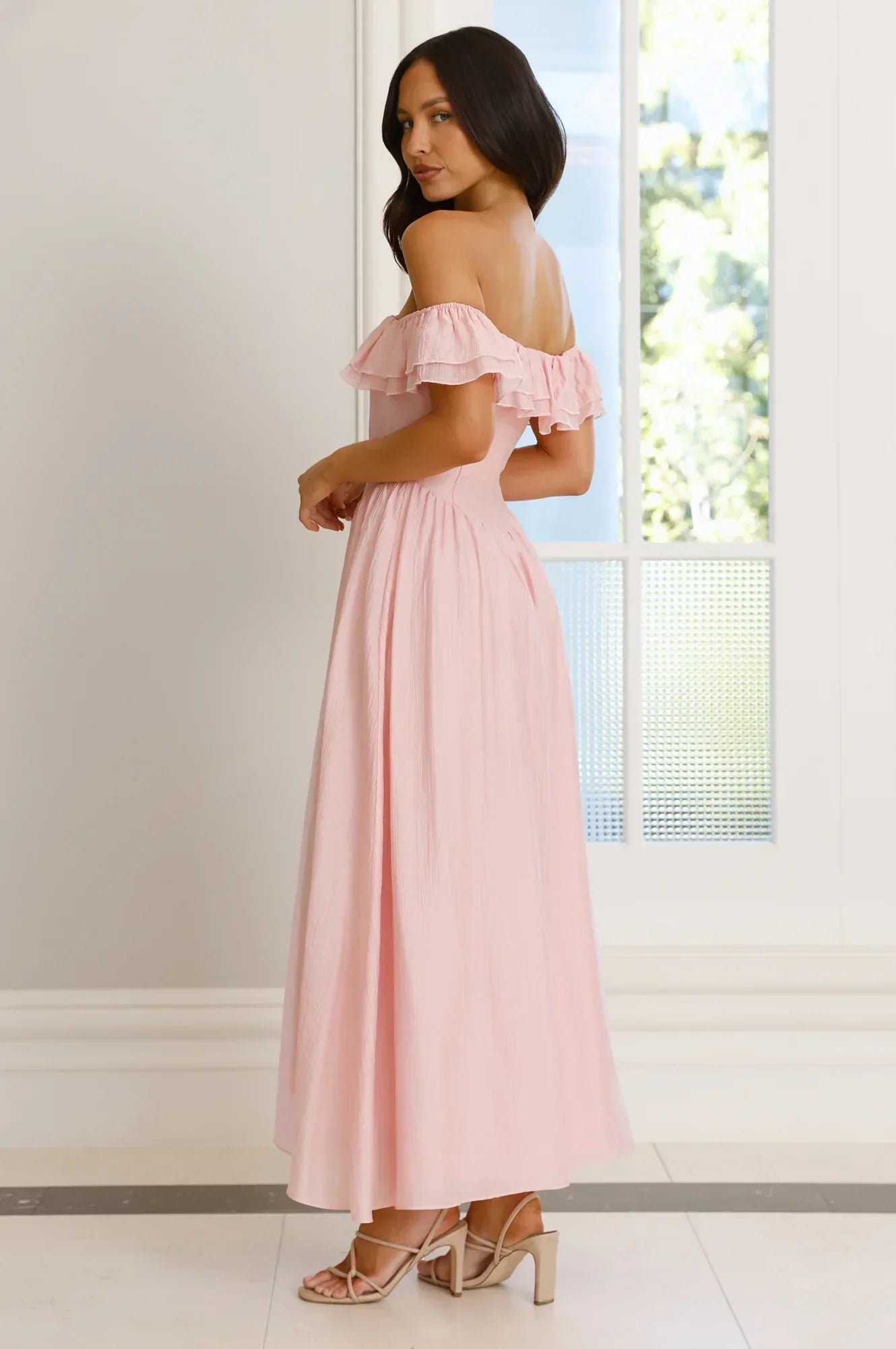 Off The Shoulder Ruffle Trim Sweetheart Neck A Line Maxi Prom Dresses (Blush Pink)