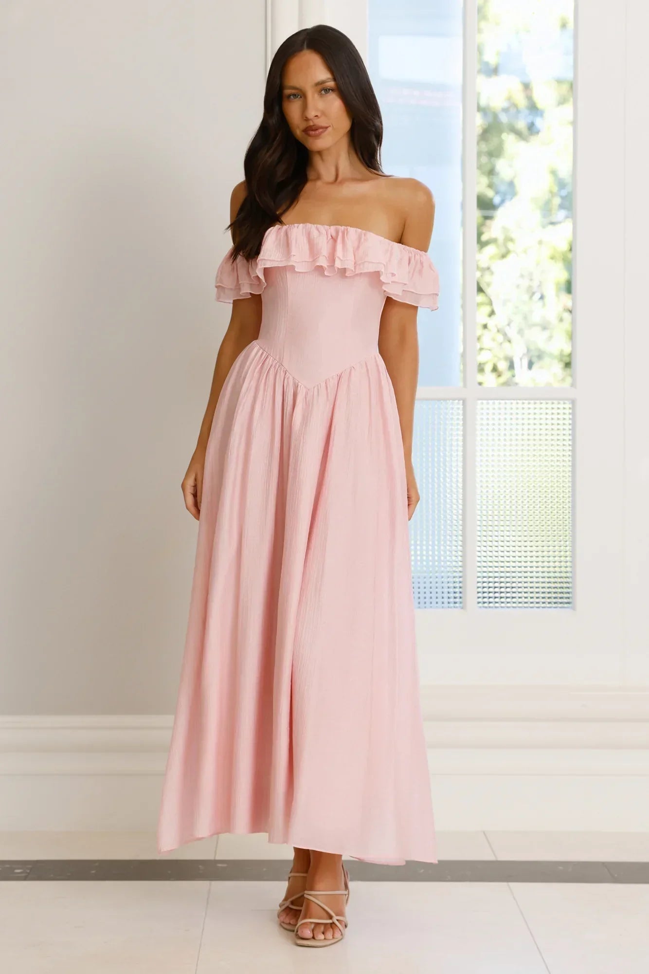 Off The Shoulder Ruffle Trim Sweetheart Neck A Line Maxi Prom Dresses (Blush Pink)