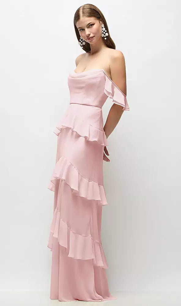 Off The Shoulder Ruffle Trim Tiered Chiffon Maxi Prom Dresses (Blush Pink)