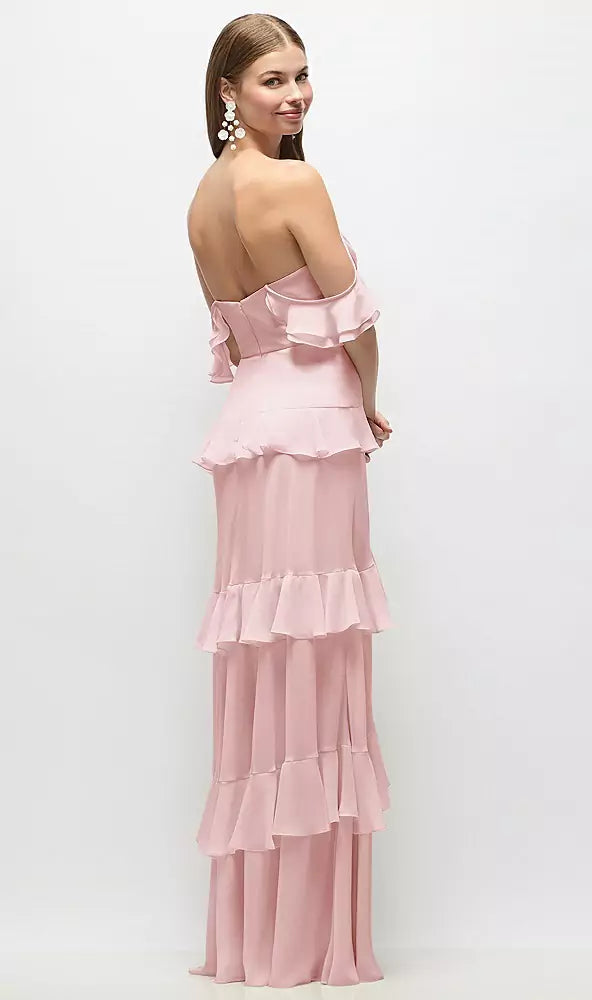 Off The Shoulder Ruffle Trim Tiered Chiffon Maxi Prom Dresses (Blush Pink)