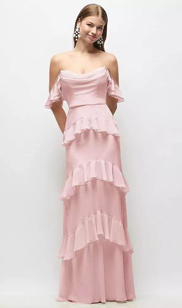 Off The Shoulder Ruffle Trim Tiered Chiffon Maxi Prom Dresses (Blush Pink)
