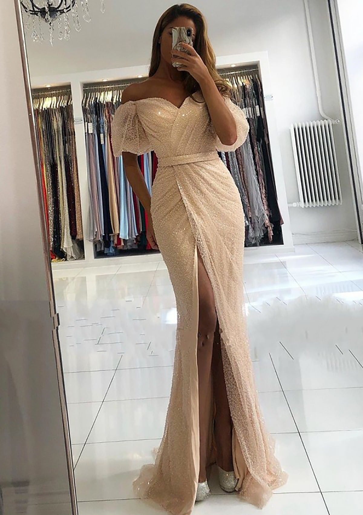 Off The Shoulder Sweetheart Puff Sleeve Sequin Slit Mermaid Long Formal Evening Prom Dress