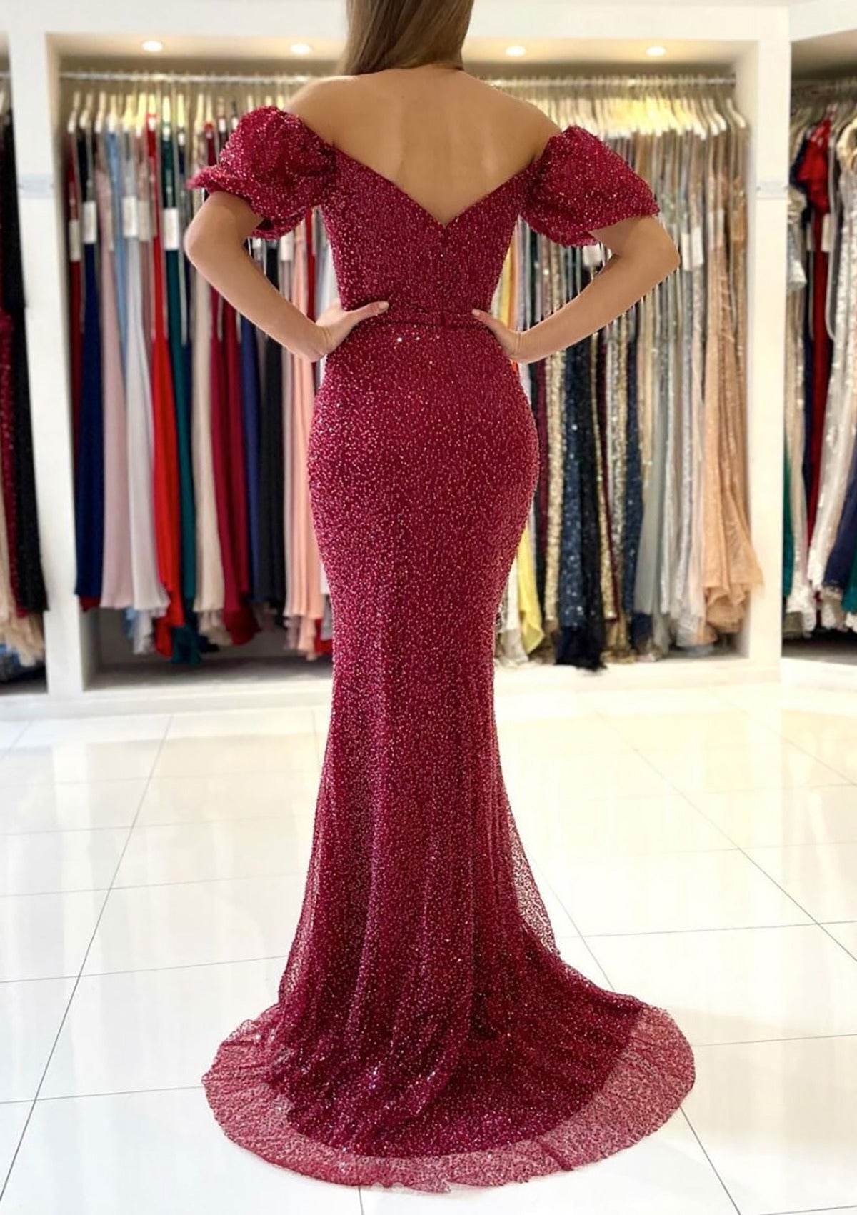 Off The Shoulder Sweetheart Puff Sleeve Sequin Slit Mermaid Long Formal Evening Prom Dress