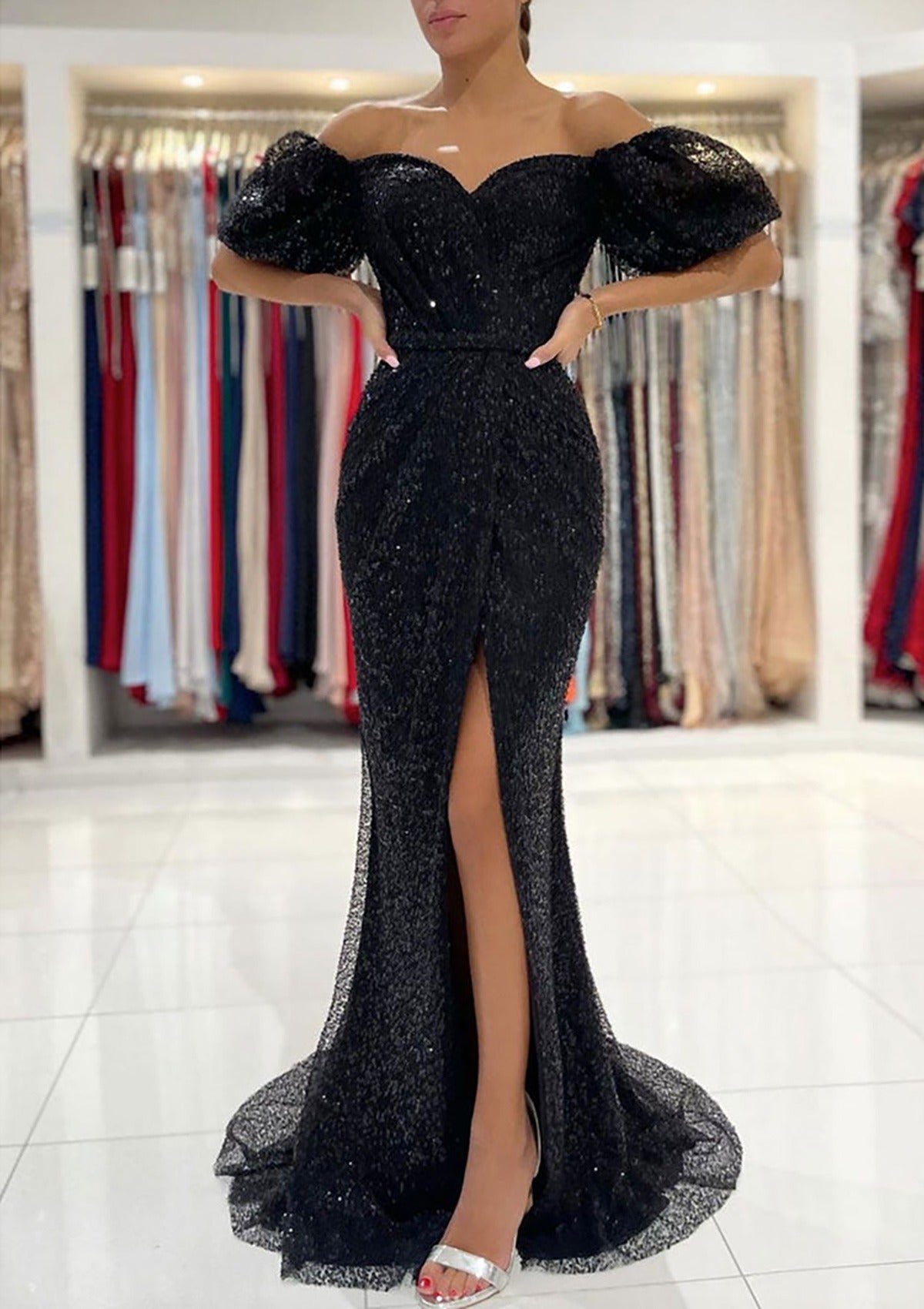 Off The Shoulder Sweetheart Puff Sleeve Sequin Slit Mermaid Long Formal Evening Prom Dress
