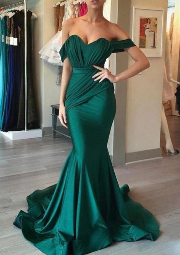 Off The Shoulder Sweetheart Ruched Satin Mermaid Long Formal Evening Prom Dress