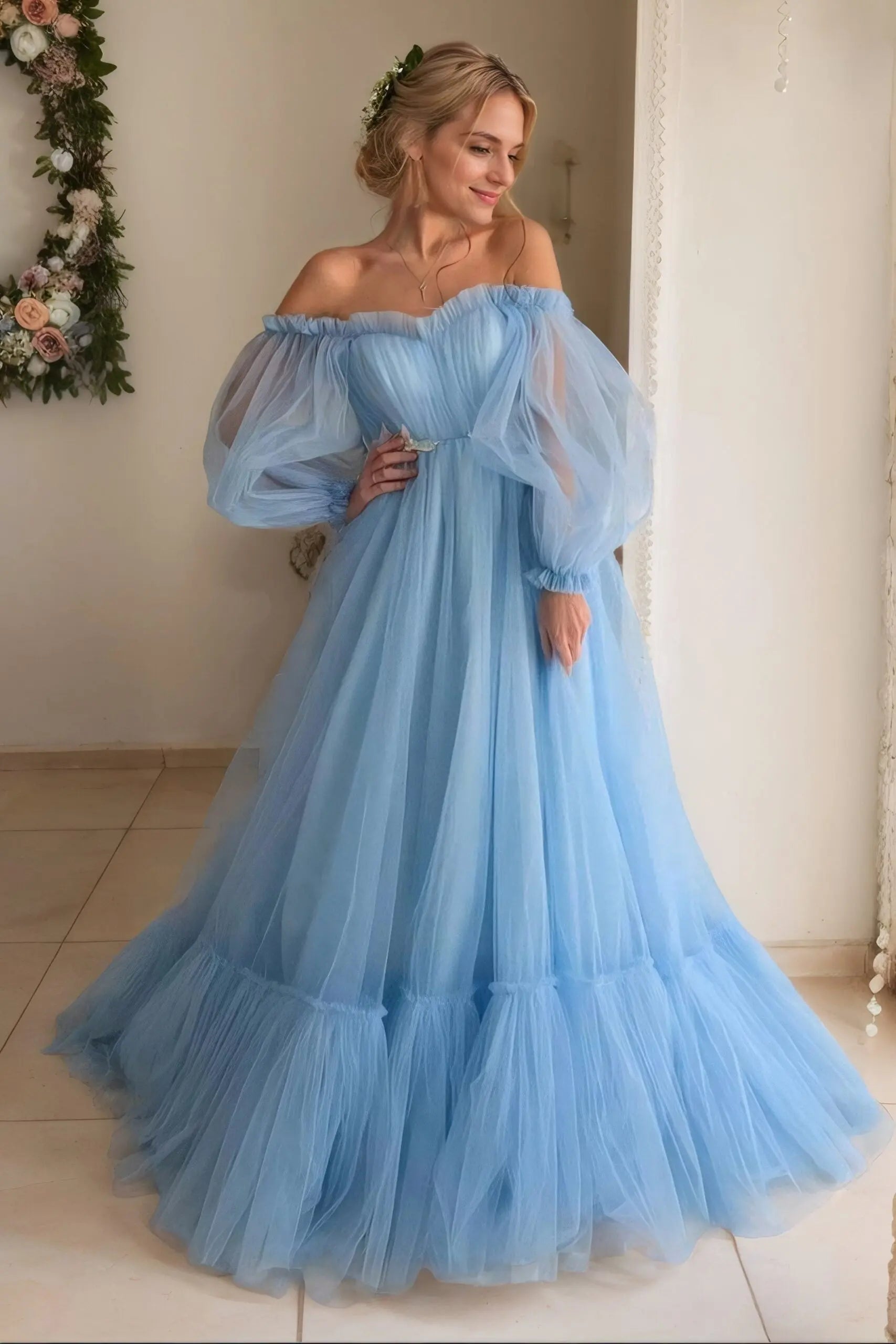 Off The Shoulder Tulle Prom Dress with Long Puff Sleeves and Tiered Skirt for Formal Events and Prom Nights