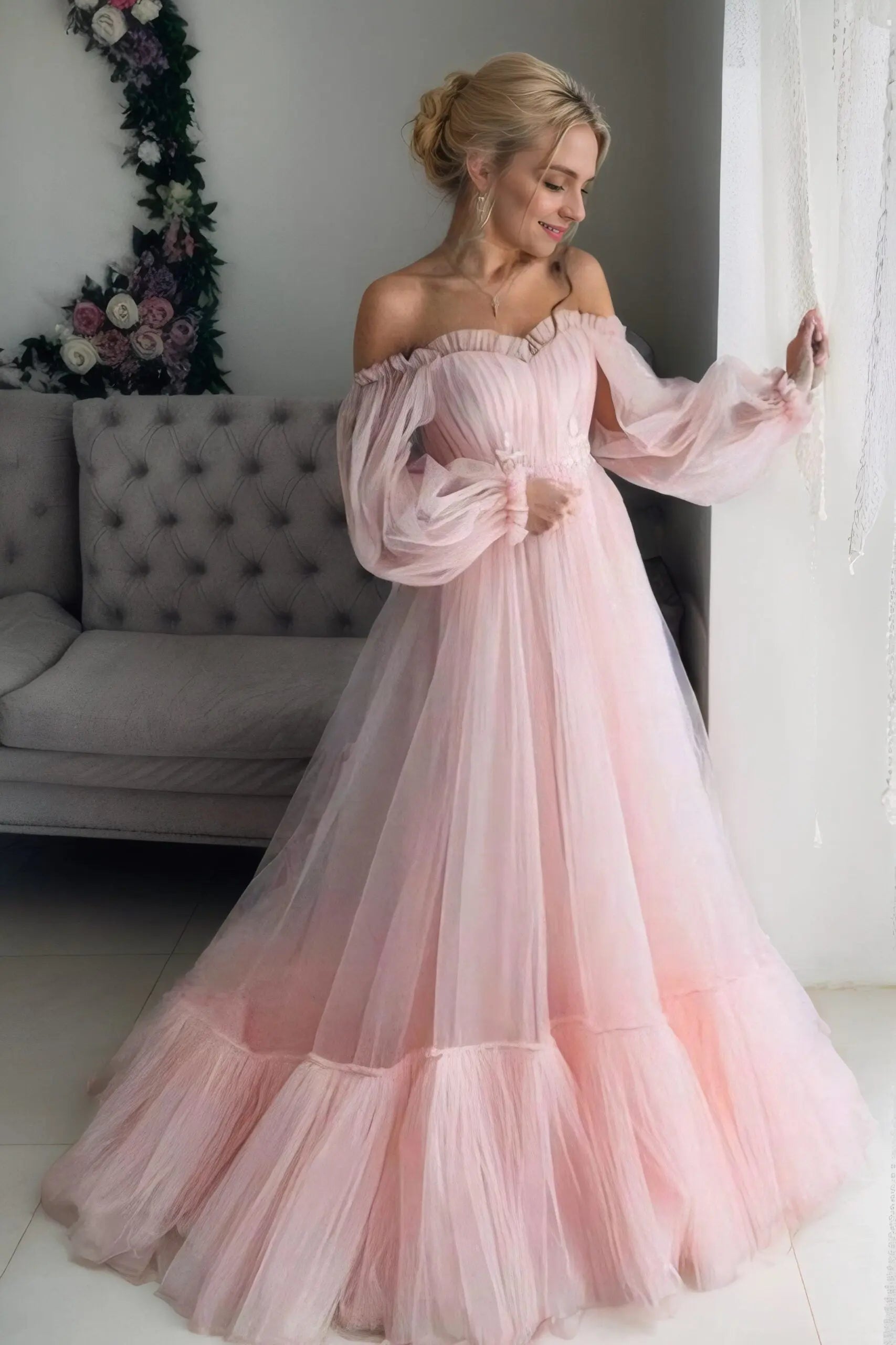 Off The Shoulder Tulle Prom Dress with Long Puff Sleeves and Tiered Skirt for Formal Events and Prom Nights