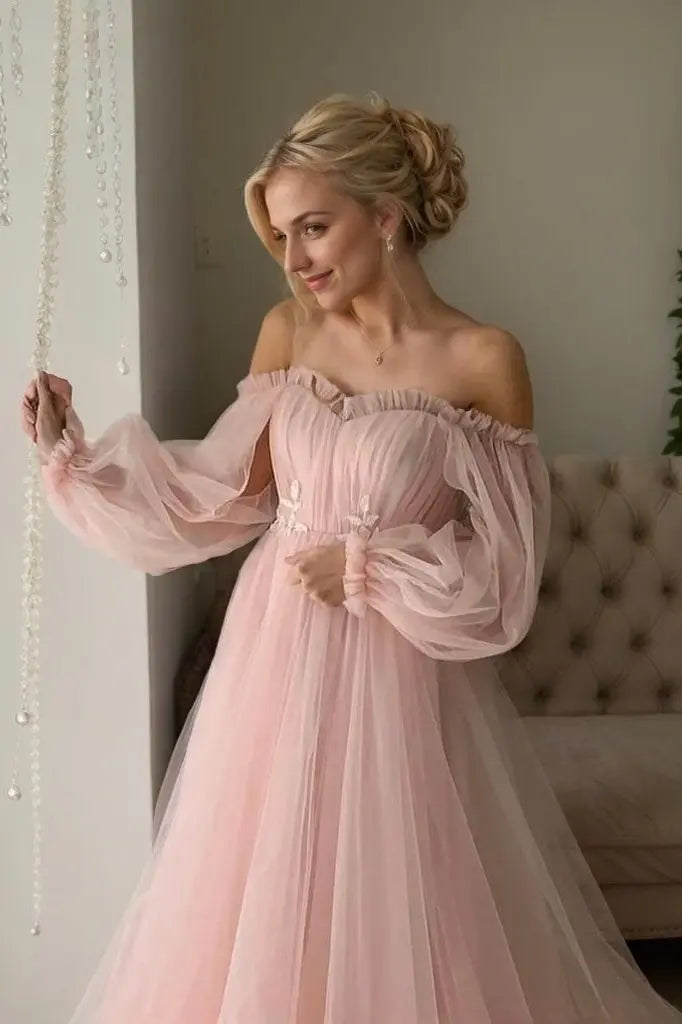 Off The Shoulder Tulle Prom Dress with Long Puff Sleeves and Tiered Skirt for Formal Events and Prom Nights