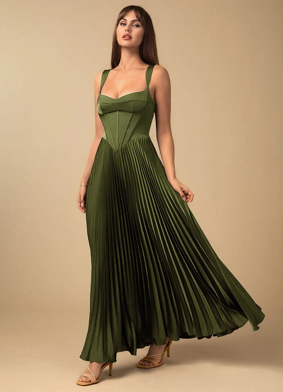 Olive Green Corset Pleated Prom Dress with Lace Up Back and Sweetheart Neckline for Formal Events and Evening Occasions
