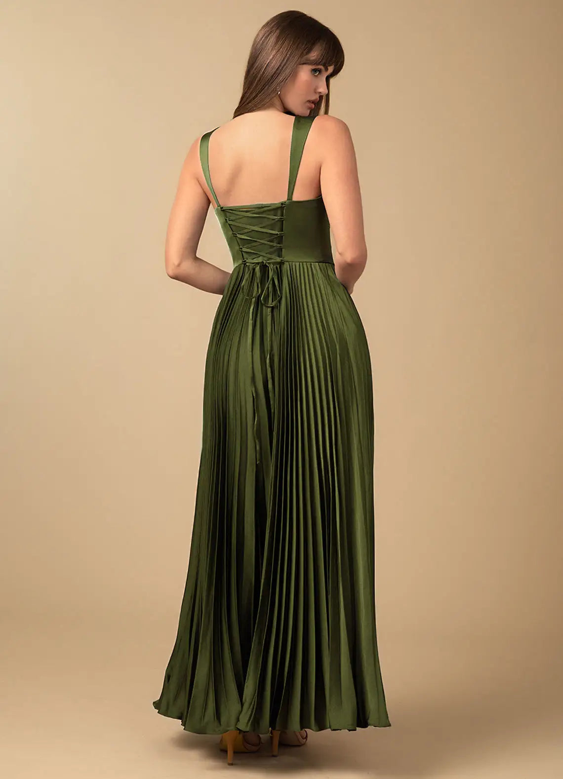 Olive Green Corset Pleated Prom Dress with Lace Up Back and Sweetheart Neckline for Formal Events and Evening Occasions