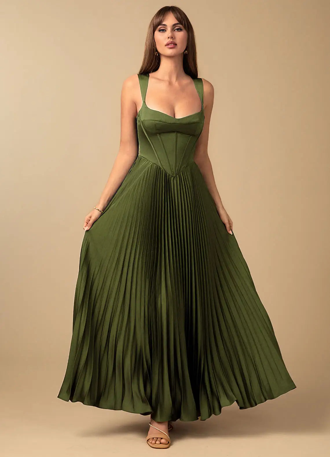 Olive Green Corset Pleated Prom Dress with Lace Up Back and Sweetheart Neckline for Formal Events and Evening Occasions