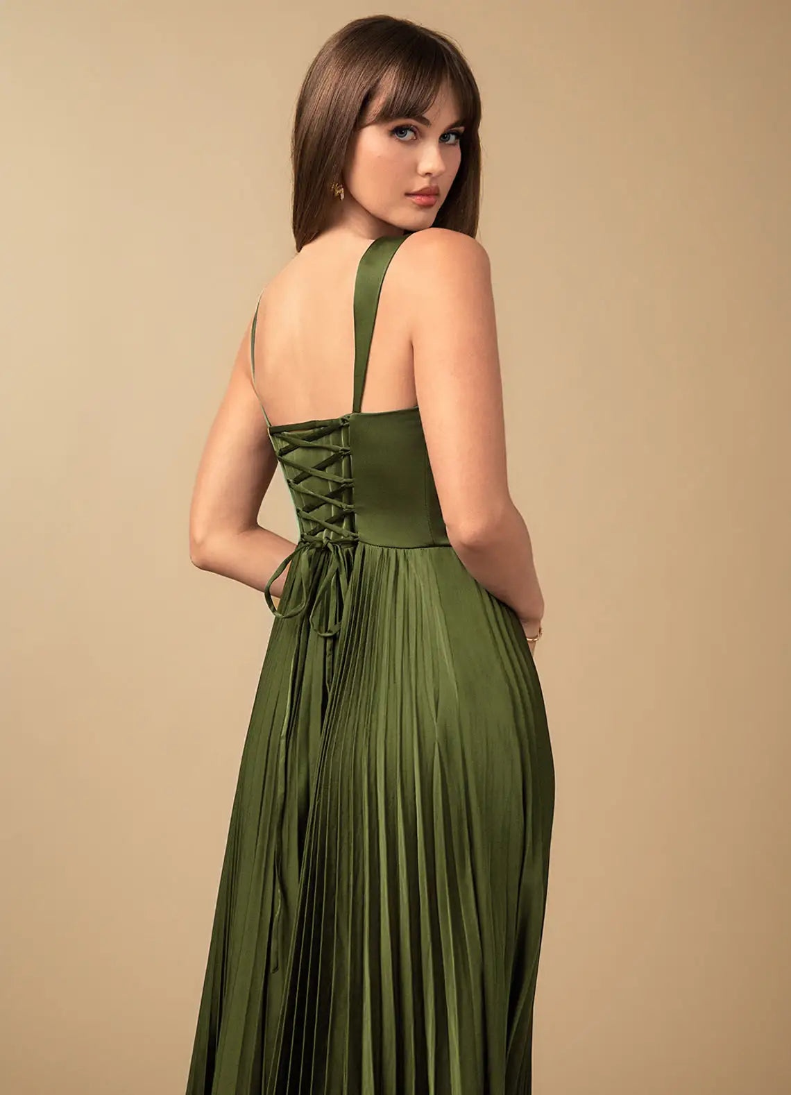 Olive Green Corset Pleated Prom Dress with Lace Up Back and Sweetheart Neckline for Formal Events and Evening Occasions