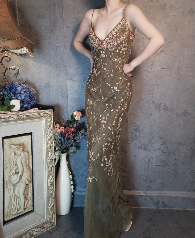 Olive Green Floral Embroidered Mermaid Spaghetti Strap Floor Length Prom Dress