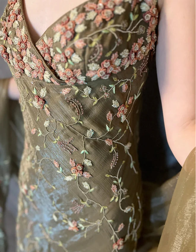 Olive Green Floral Embroidered Mermaid Spaghetti Strap Floor Length Prom Dress