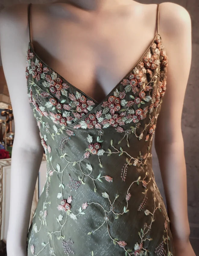 Olive Green Floral Embroidered Mermaid Spaghetti Strap Floor Length Prom Dress