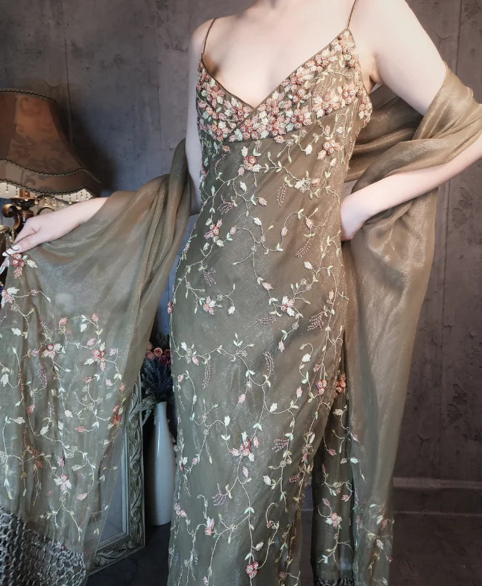 Olive Green Floral Embroidered Mermaid Spaghetti Strap Floor Length Prom Dress