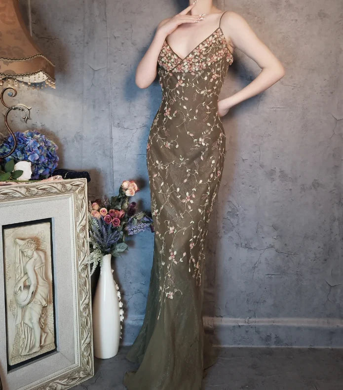 Olive Green Floral Embroidered Mermaid Spaghetti Strap Floor Length Prom Dress