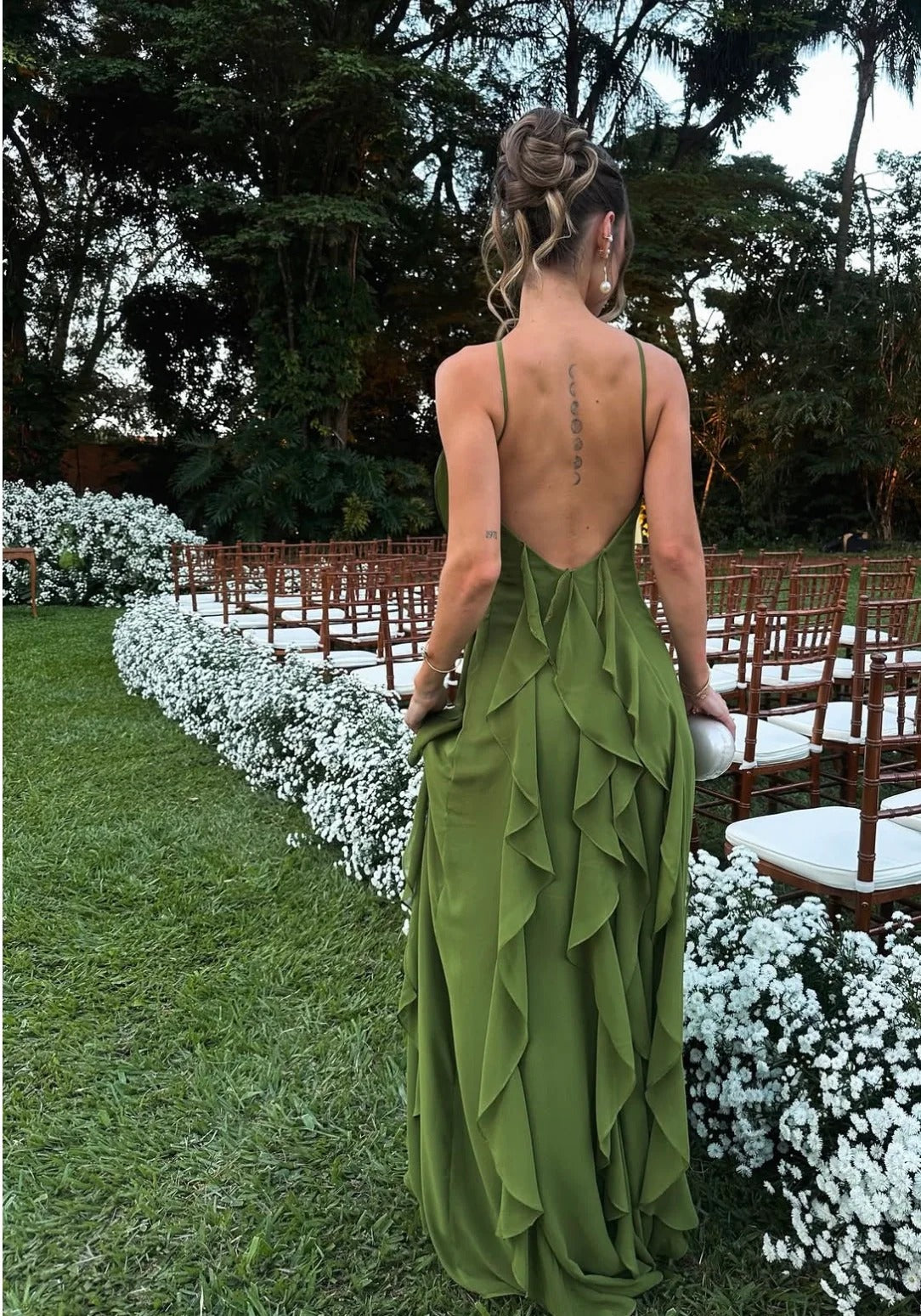 Olive Green Halter Neck Prom Dress With 3D Floral Detail And Tiered Chiffon Skirt Formal Prom Dress
